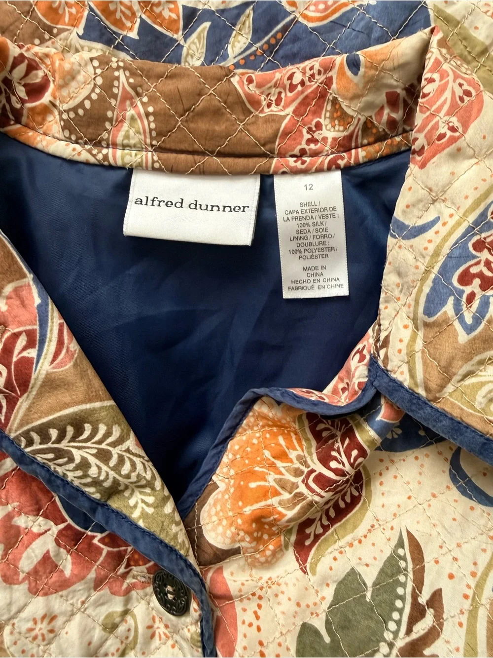 Alfred Dunmer Quilted Silk Floral Button-Up Jacket in Blue, Brown & Cream